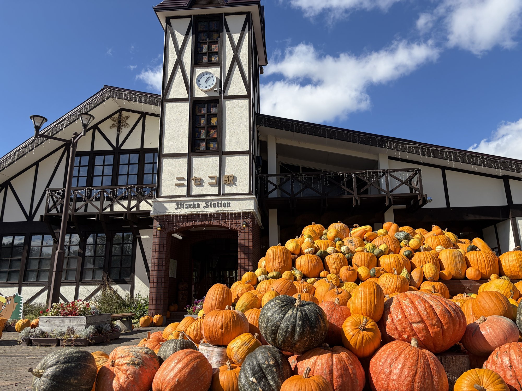 ニセコ駅前に積まれたハロウィンのカボチャ